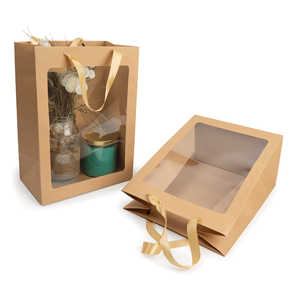 Sacs cadeaux kraft avec fenêtre 24,9x15,2x35,1 cm (10 pcs) [GMBW3K]