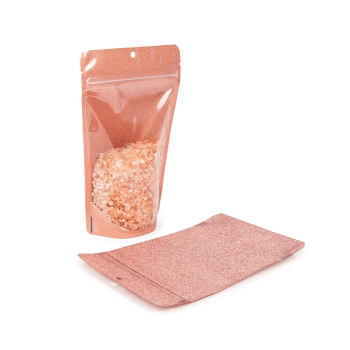Doypack Transparent/Paillettes Or rose 13x7,9x20,6cm (100 pièces) [ZBG3GLRG]