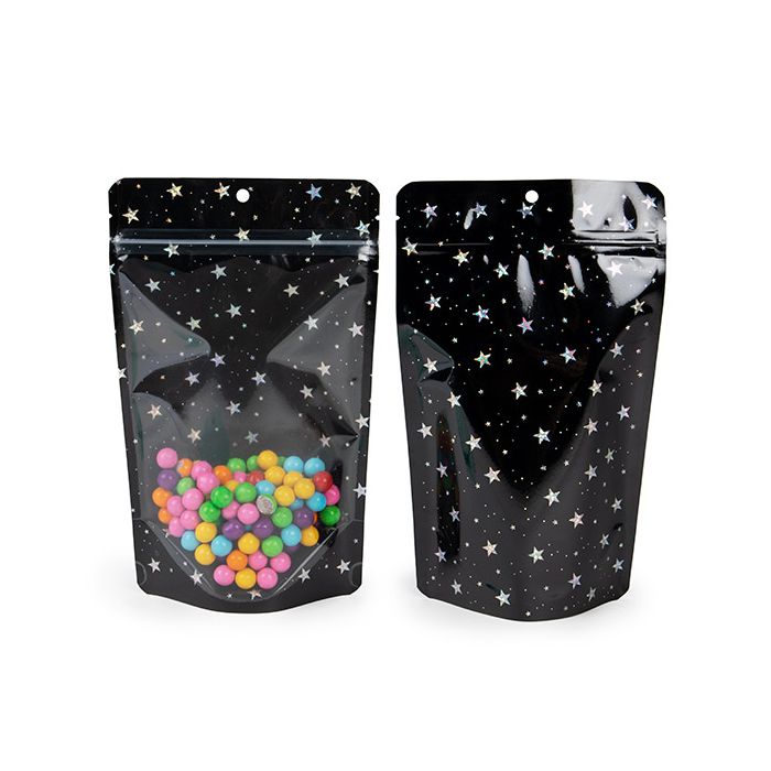 Doypack Transparent/Noir Avec étoiles Holographiques 13x7,9x20,6cm Trou Suspension Rond (25 pièces) [ZBGHB3C]