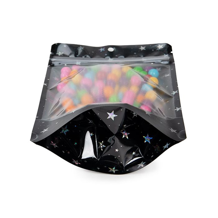 Doypack Transparent/Noir Avec étoiles Holographiques 13x7,9x20,6cm Trou Suspension Rond (25 pièces) [ZBGHB3C]