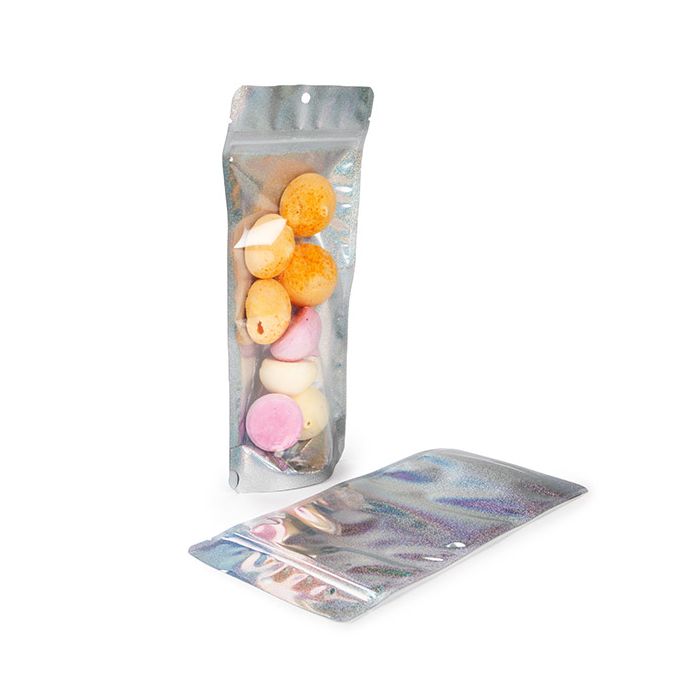 Doypack Transparent/Holographique Paillettes 10,8x6x23,8cm Trou Suspension Rond (25 pièces) [ZBGHG1NC]
