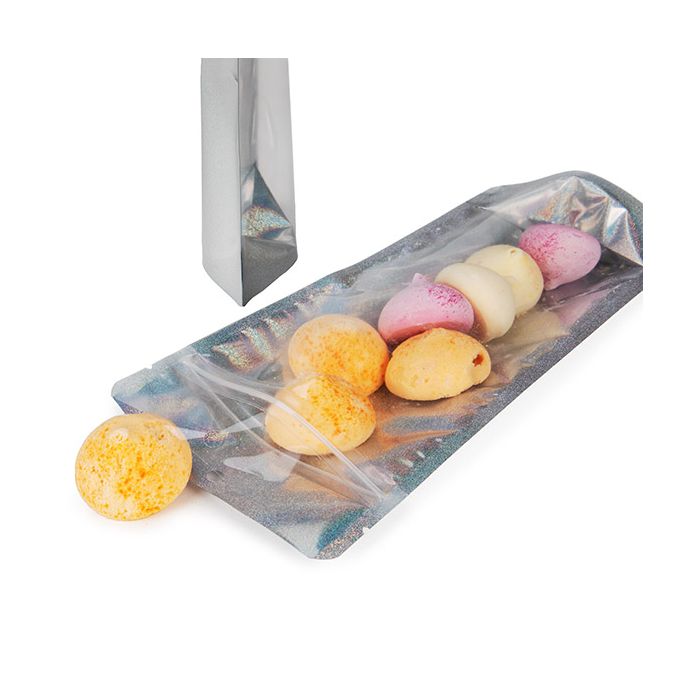 Doypack Transparent/Holographique Paillettes 10,8x6x23,8cm Trou Suspension Rond (25 pièces) [ZBGHG1NC]