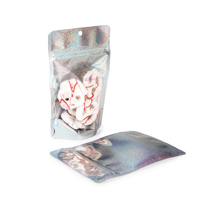 Doypack Transparent/Holographique Paillettes 10,2x6x15,2cm Trou Suspension Rond (25 pièces) [ZBGHG2C]