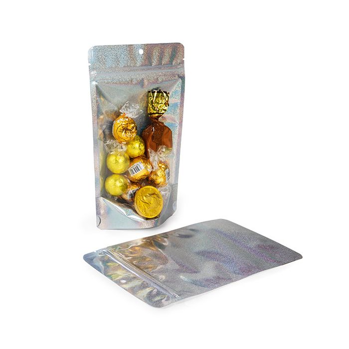 Doypack Transparent/Holographique Paillettes 13x7,9x20,6cm Trou Suspension Rond (25 pièces) [ZBGHG3C]