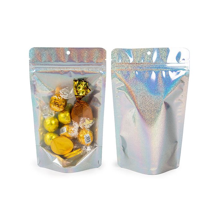 Doypack Transparent/Holographique Paillettes 13x7,9x20,6cm Trou Suspension Rond (25 pièces) [ZBGHG3C]