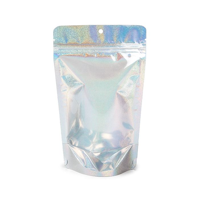 Doypack Transparent/Holographique Paillettes 13x7,9x20,6cm Trou Suspension Rond (25 pièces) [ZBGHG3C]