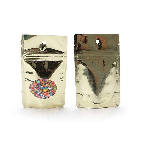 Doypack Métallisé Or avec fenêtre ovale 8x5x13cm | 28g Trou Suspension Rond (100 pièces) [ZBGMO1SGH]