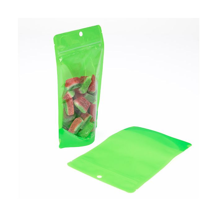 Doypack Transparent/Vert Fluo 13x7,9x20,6cm (100 pièces) [ZBGN3GR]