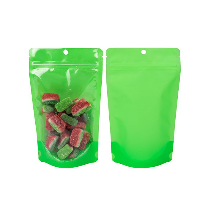 Doypack Transparent/Vert Fluo 13x7,9x20,6cm (100 pièces) [ZBGN3GR]
