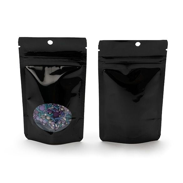 Doypack Noir avec fenêtre ovale 8x5x13cm | 28g Trou supension rond (100 pièces) [ZBGO1BH]