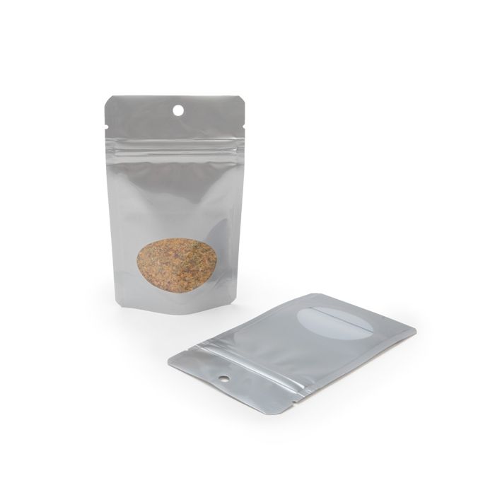 Doypack Argent avec fenêtre ovale 8x5x13cm | 28 g trou de suspension (100 pièces) [ZBGO1SH]