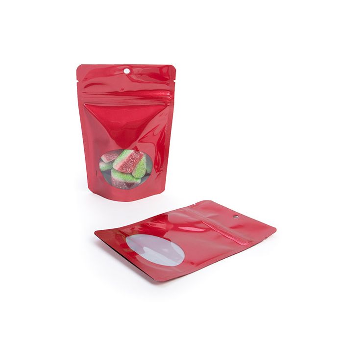 Doypack Rouges avec fenêtre ovale 10,2x6x15,2cm Trou de suspension (100 pièces) [ZBGO2RH]