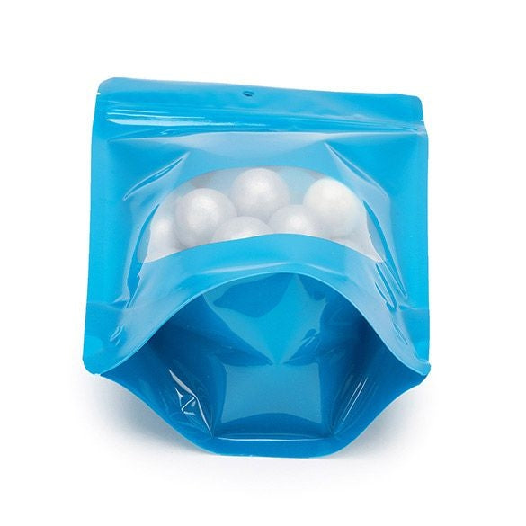 Doypack Bleu avec fenêtre ovale, 14.9x8.9x23.2cm | 312 g Trou Suspension Rond (100 pièces) [ZBGO7BLH]