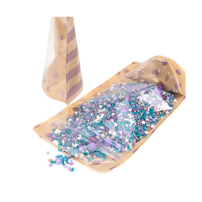 Doypack Transparent/Kraft avec Pois Rose Doré & Rayures 13x7,9x20,6cm (25 pièces) [ZBGSW3SDR]