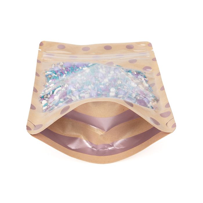 Doypack Transparent/Kraft avec Pois Rose Doré & Rayures 13x7,9x20,6cm (25 pièces) [ZBGSW3SDR]