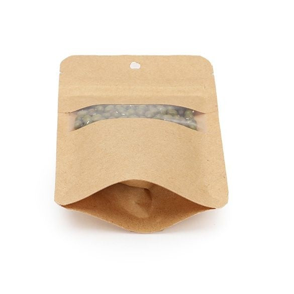 Doypack Kraft avec fenêtre horizontale 8x5x13cm | 28g Trou Suspension Rond (100 pièces) [ZBGW1KH]