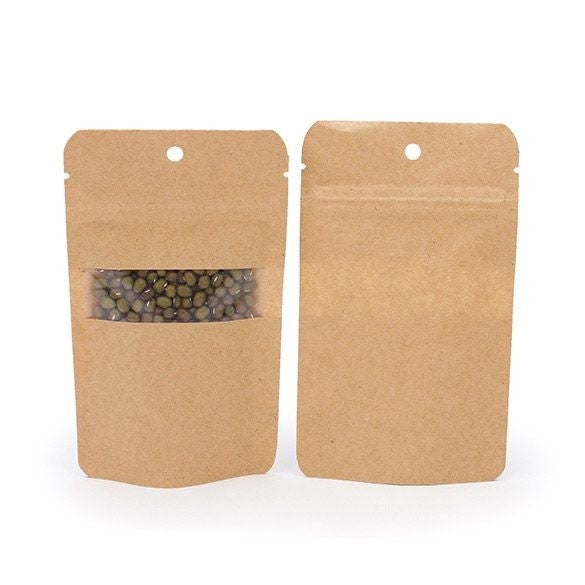 Doypack Kraft avec fenêtre horizontale 8x5x13cm | 28g Trou Suspension Rond (100 pièces) [ZBGW1KH]