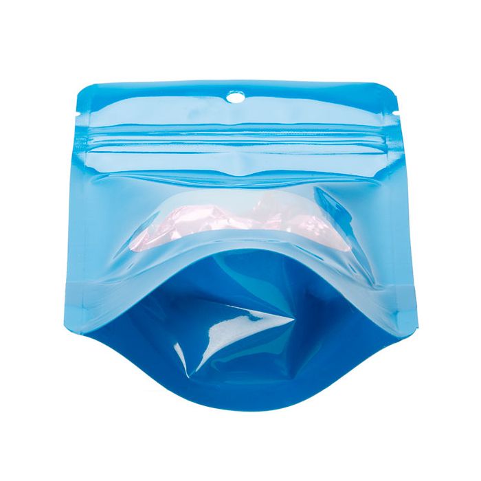 Doypack Bleu avec fenêtre ovale 10,2x6x15,2cm | 57g Trou de suspension (100 pièces) [ZBGO2BLH]