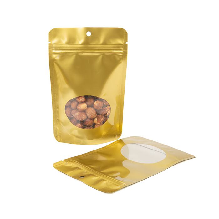 Doypack Or avec fenêtre ovale 10,2x6x15,2cm | 57g Trou de suspension (100 pièces) [ZBGO2GH]