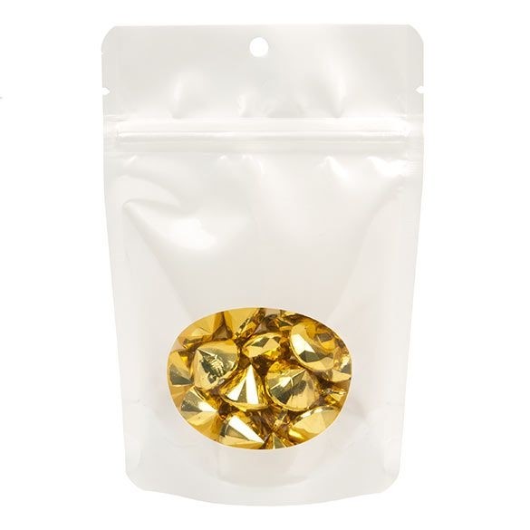 Doypack Blanc nacré avec fenêtre 10.2x6x15.2cm | 57g Trou Suspension Rond (100 pièces) [ZBGO2PH]