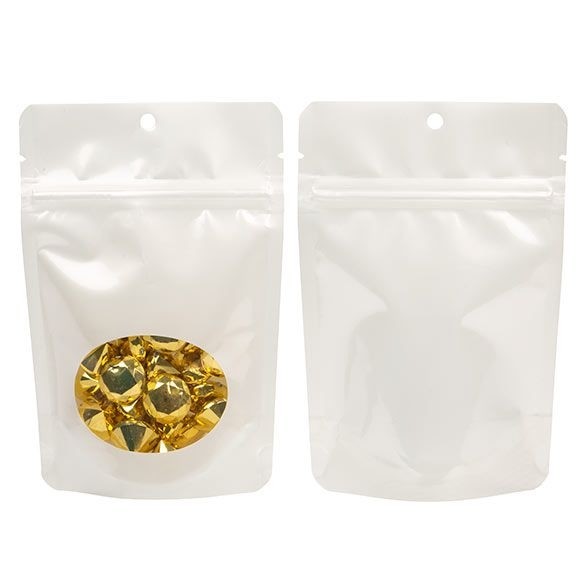 Doypack Blanc nacré avec fenêtre 10.2x6x15.2cm | 57g Trou Suspension Rond (100 pièces) [ZBGO2PH]