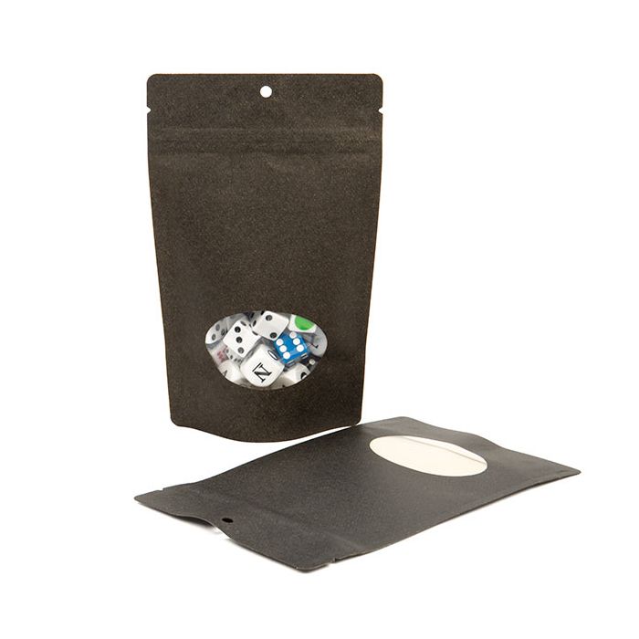 Doypack en papier Kraft Noir avec fenêtre ovale, 13x8x20.5cm | 113g Trou Suspension Rond (100 pièces) [ZBGO3BKH]