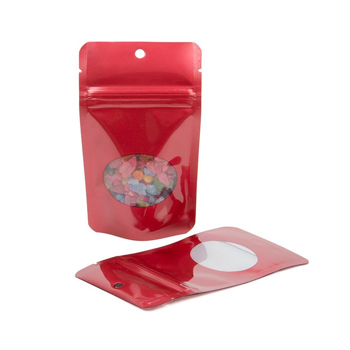 Doypack Rouge avec fenêtre ovale 8x5x13cm | 28g Trou Suspension Rond (100 pièces) [ZBGO1RH]