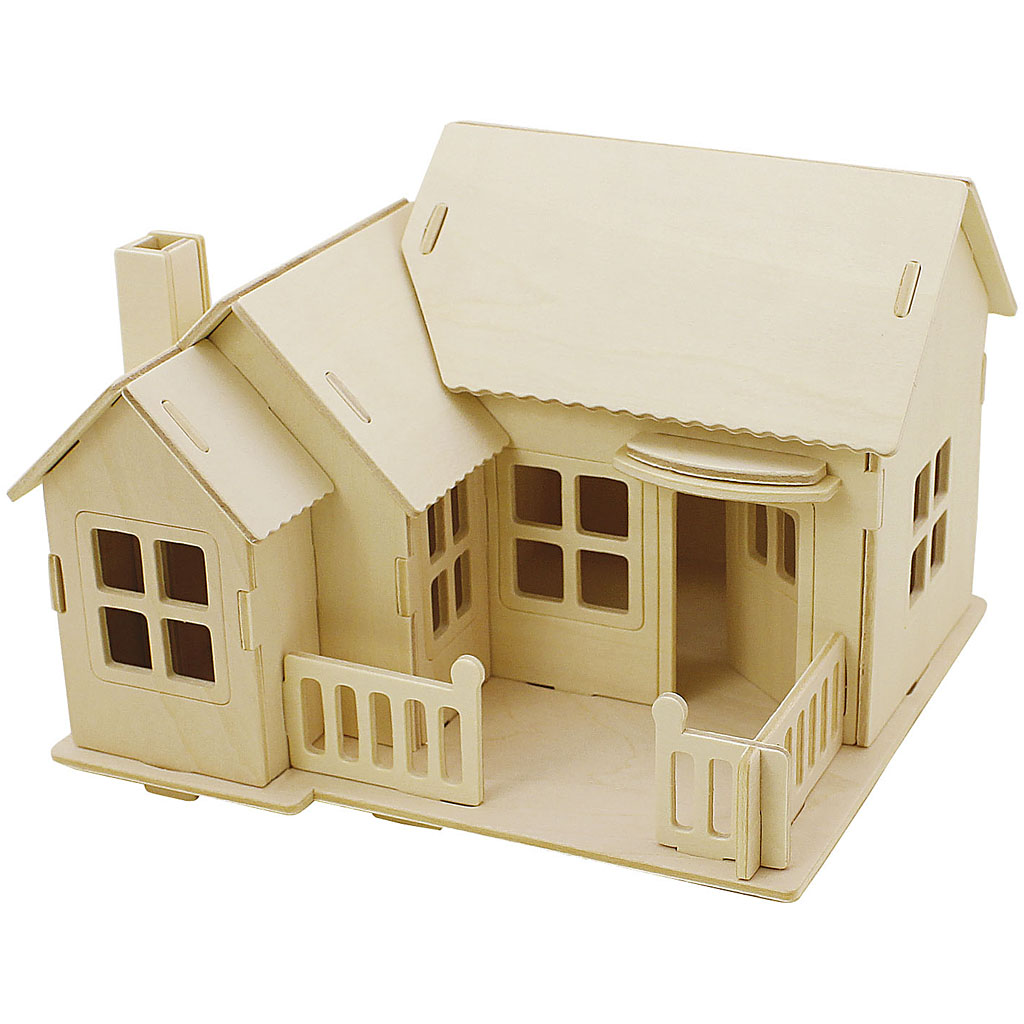 Image de Kit de Construction 3D en bois, Maison avec terrasse, dim. 19x17,5x15 , 1 pièce | Jouets Articles en Bois Produits de Décoration Loisirs Créatifs | 8719346161338