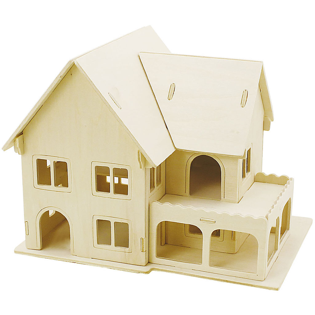 Image de Kit de Construction 3D en bois, Maison avec véranda, dim. 22,5x16x17,5 , 1 pièce | Jouets Articles en Bois Produits de Décoration Loisirs Créatifs | 8719346161345