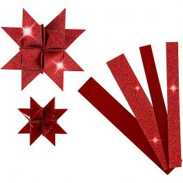 Bandes de papier étoiles, L : 44+78 cm, d 6,5+11,5 cm, L : 15+25 mm, paillettes,vernis, rouge, 40 bandes/ 1 Pq. [HOB-20775]