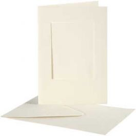 Cartes cadres et enveloppes, dimension carte 10,5x15 cm, dimension enveloppes 11,5x16,5 cm, blanc cassé, rectangulaire, 10sets, diamètre intérieur 6,5x8,8 [HOB23720]