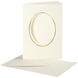 Cartes cadres et enveloppes, ovale avec bord doré, dimension carte 10,5x15 cm, dimension enveloppes 11,5x16,5 cm, blanc cassé, 10 set/ 1 Pq. [HOB-23724]