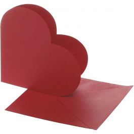 Cartes en forme de coeur, dimension carte 12,5x12,5 cm, dimension enveloppes 13,5x13,5 cm, rouge, 10 set/ 1 Pq. [HOB-23762]