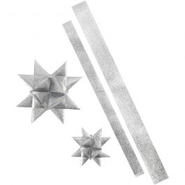 Bandes de papier étoiles, L : 86+100 cm, L : 25+40 mm, d 11,5+18,5 cm, argent scintillant, 16 bandes/ 1 Pq. [HOB-24349]
