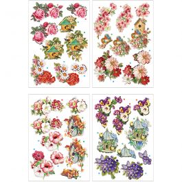 Motifs 3D, fleurs et oiseaux, feuille 21x30 cm, 4 flles/ 1 Pq. [HOB-28701]