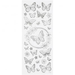 Autocollants étoiles, papillons, feuille 10x24 cm, argent, 1 flles [HOB-29143]