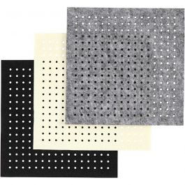 Feutre avec trous, dim. 20x20 cm, ép. 3 mm, noir, gris, blanc cassé, 3x4 flles/ 1 Pq. [HOB-45208]