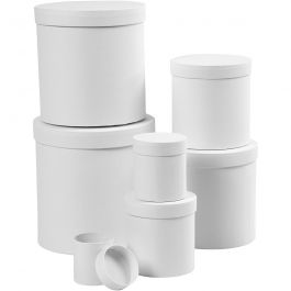 Boîtes, rondes, H : 7,5+10,2 +12,7+15,2 +17,7+20,2 +22,7 cm, d 7+9 +12+14,5 +17+19,5 +22 cm, blanc, 7 pièces/ 1 set [HOB-50438]