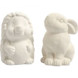 Tirelires en forme d'animaux, hérisson et lièvre, H : 10 cm, blanc, 2 pièces/ 1 Pq. [HOB-50571]