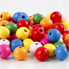 Perles en bois, d 10 mm, diamètre intérieur 2,5-3 mm, ass. de couleurs, 500 gr/ 1 sac [HOB-57123]