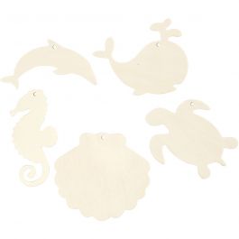 Créatures marines à suspendre, Hippocampe, tortue, dauphin, coquille st Jacques et baleine, H : 5-10 cm, L : 5-10 cm, diamètre intérieur 3 mm, ép. 2 mm, 5 pièces/ 1 Pq. [HOB-57972]