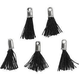 Pompon en coton, L : 10 mm, diamètre intérieur 1 mm, noir, 5 pièces/ 1 Pq. [HOB-61185]