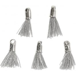Pompon en coton, L : 10 mm, diamètre intérieur 1 mm, gris, 5 pièces/ 1 Pq. [HOB-61188]