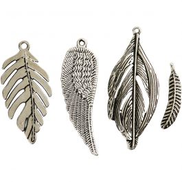 Plumes, dim. 29-55 mm, diamètre intérieur 12-20 mm, argent antique, 4 pièces/ 1 Pq. [HOB-637110]