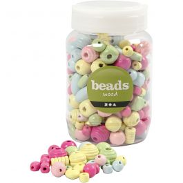 Perles en bois, d 10-15 mm, diamètre intérieur 3-5 mm, bleu clair, vert clair, rose clair, jaune clair, 400 ml/ 1 seau [HOB-684690]