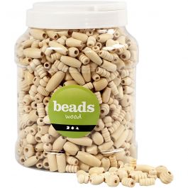 Perles en bois, dim. 5-28 mm, diamètre intérieur 2,5-3 mm, 850 gr, 2 L/ 1 seau [HOB-68477]
