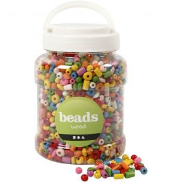 Perles en bois, d 5-8 mm, diamètre intérieur 1,5 mm, ass. de couleurs, 175 gr, 400 ml/ 1 seau [HOB-68480]
