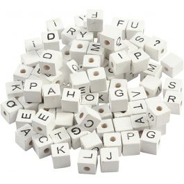 Perles lettres, A-Z, &, #, ?, dim. 8x8 mm, diamètre intérieur 3 mm, blanc, 96 ass./ 1 Pq. [HOB-68981]
