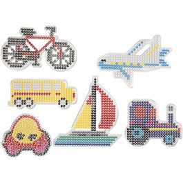 Plaque à picots, voiture, avion, bateau, tracteur, bus et bicyclette, dim. 9x9,5+11x16 cm, medium, 6 pièces/ 1 Pq. [HOB-75593]