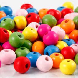 Mélange de perles en bois, couleurs assorties, d: 8 mm, diamètre intérieur 1,5-2 mm, 16 gr/ 1 Pq. [HOB571060]
